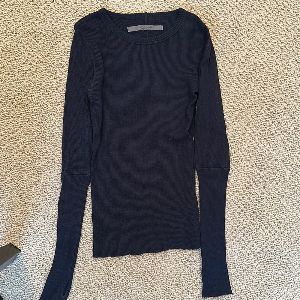 Enza Costa Black Cashmere Blend Fitted Waffle Knit with Thumbholes